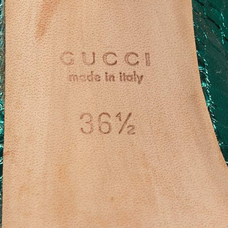Pre Owned Gucci Metallic Green Snakeskin Embossed Leather Sofia Platform Slingback Sandals Size 36.5