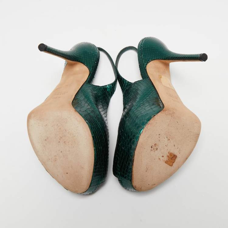 Pre Owned Gucci Metallic Green Snakeskin Embossed Leather Sofia Platform Slingback Sandals Size 36.5