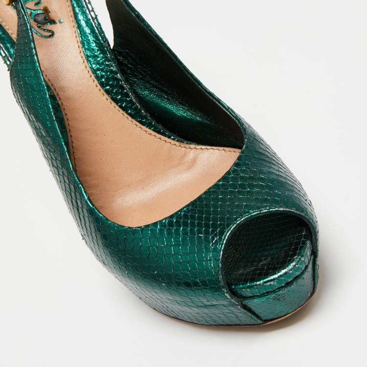 Pre Owned Gucci Metallic Green Snakeskin Embossed Leather Sofia Platform Slingback Sandals Size 36.5