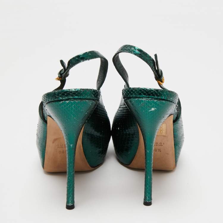 Pre Owned Gucci Metallic Green Snakeskin Embossed Leather Sofia Platform Slingback Sandals Size 36.5