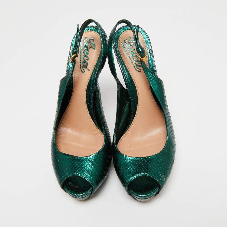 Pre Owned Gucci Metallic Green Snakeskin Embossed Leather Sofia Platform Slingback Sandals Size 36.5