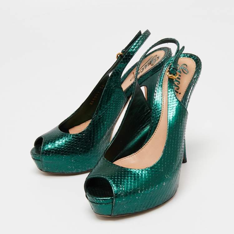 Pre Owned Gucci Metallic Green Snakeskin Embossed Leather Sofia Platform Slingback Sandals Size 36.5