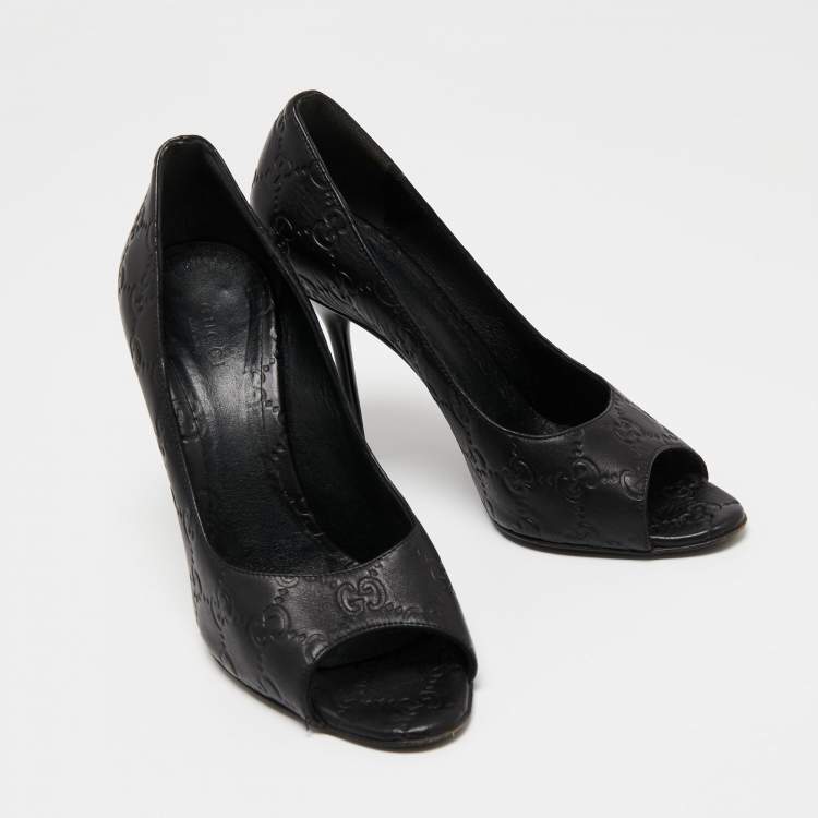 Pre Owned Gucci Black Guccissima Leather GG Open Toe Pumps Size 37