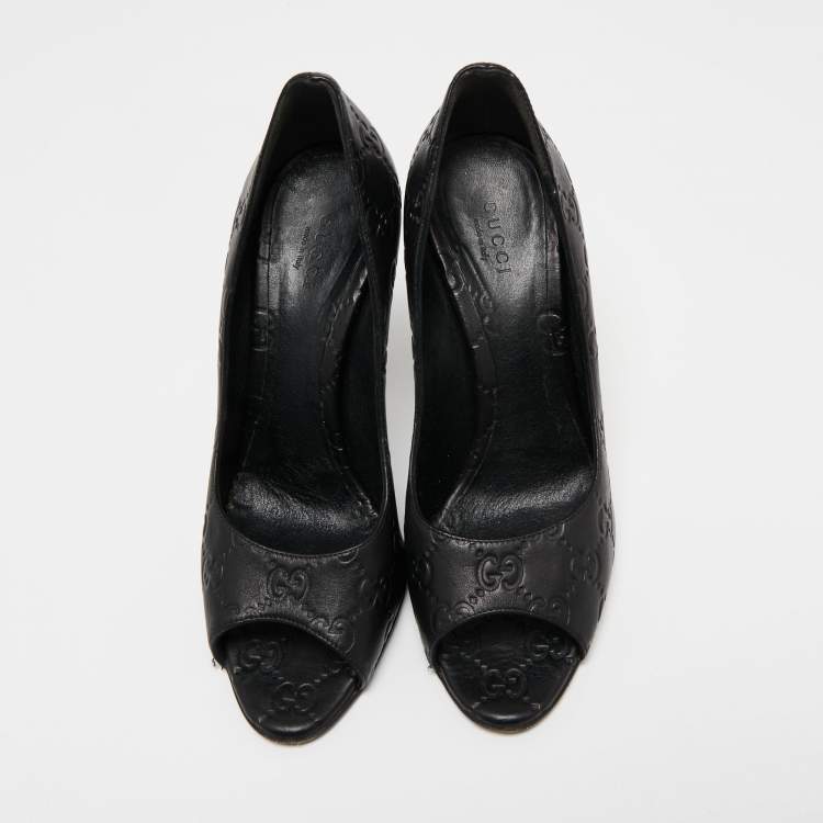 Pre Owned Gucci Black Guccissima Leather GG Open Toe Pumps Size 37