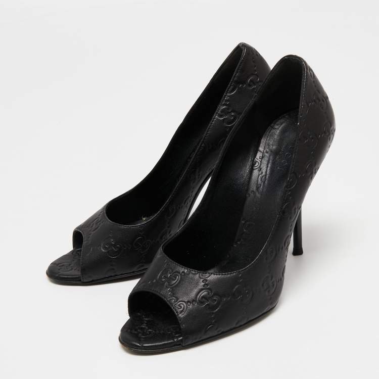 Pre Owned Gucci Black Guccissima Leather GG Open Toe Pumps Size 37