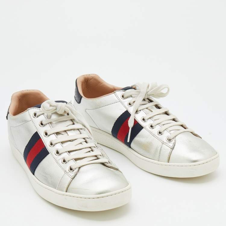 Pre Owned Gucci Silver Leather Ace Web Low Top Sneakers Size 39