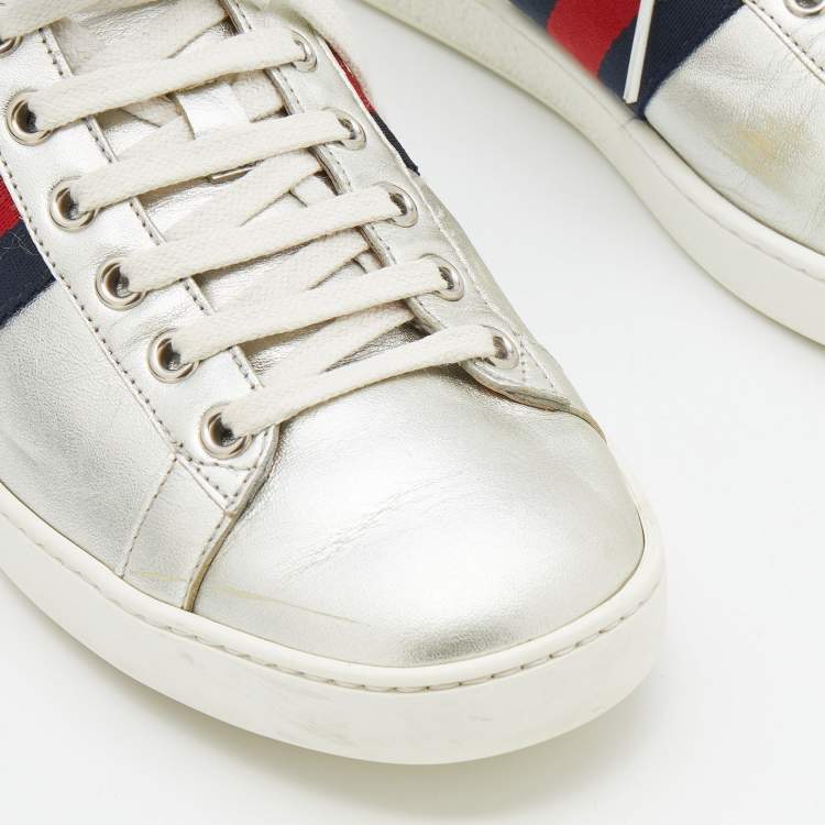 Pre Owned Gucci Silver Leather Ace Web Low Top Sneakers Size 39