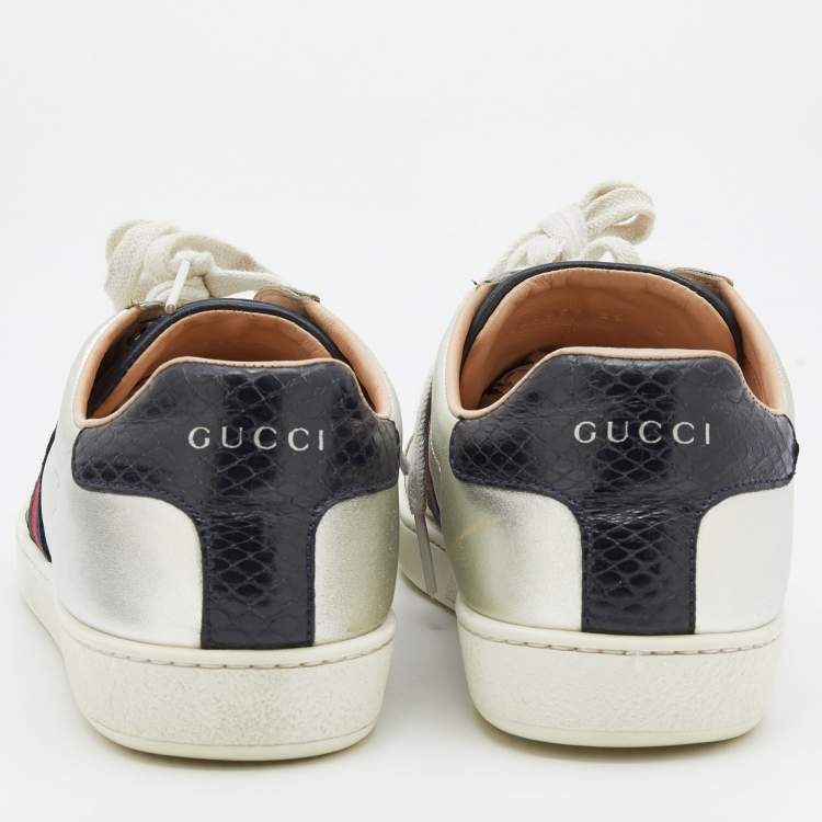 Pre Owned Gucci Silver Leather Ace Web Low Top Sneakers Size 39