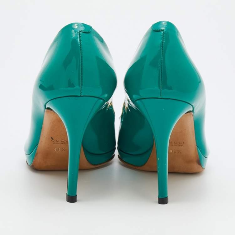 Pre Owned Gucci Sea Green Patent Leather Jolene Horsebit Peep Toe Pumps Size 36.5