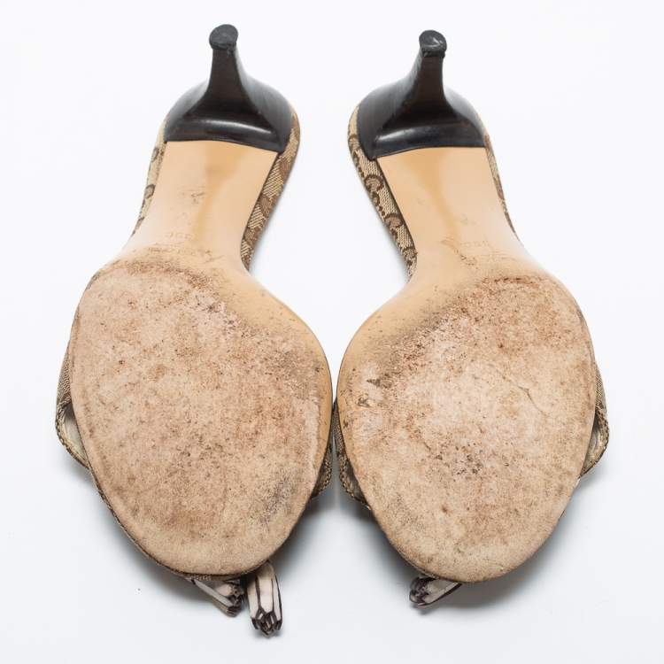 Pre Owned Gucci Brown GG Canvas Bamboo Tassel Horsebit Slide Sandals Size 39