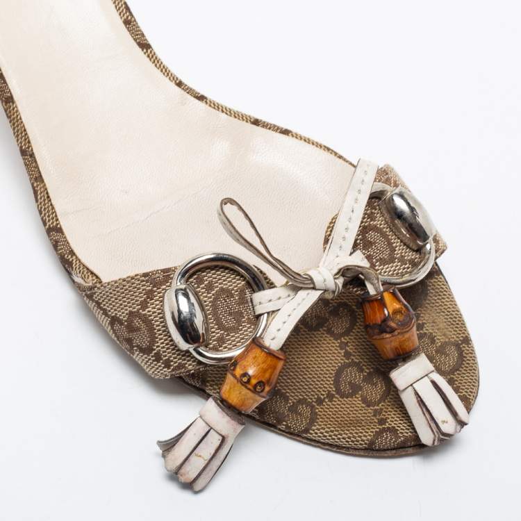 Pre Owned Gucci Brown GG Canvas Bamboo Tassel Horsebit Slide Sandals Size 39