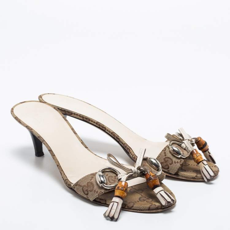Pre Owned Gucci Brown GG Canvas Bamboo Tassel Horsebit Slide Sandals Size 39