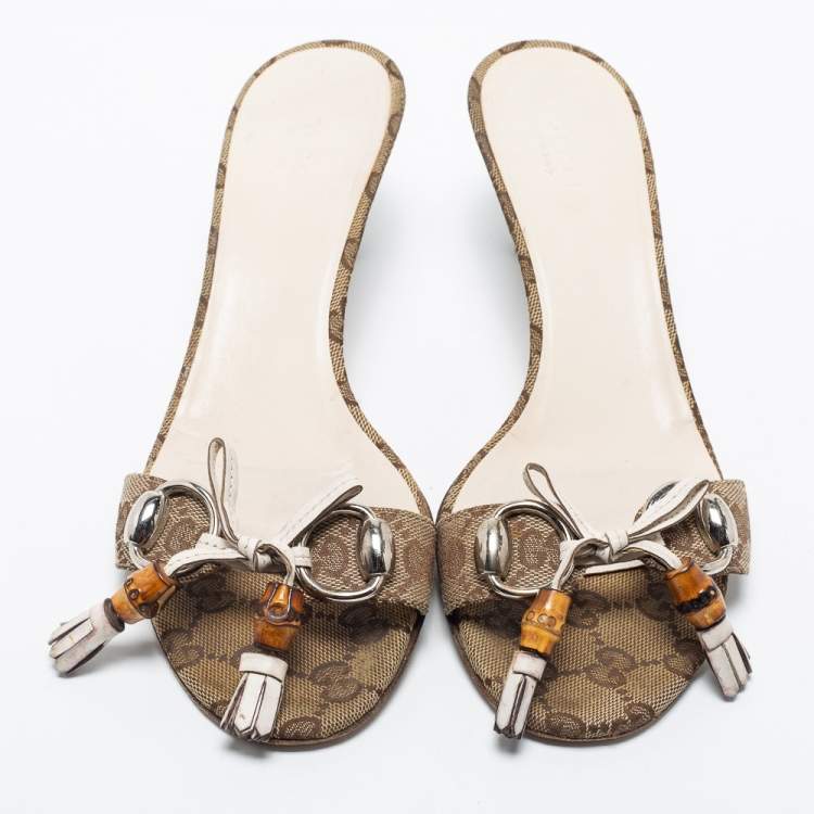 Pre Owned Gucci Brown GG Canvas Bamboo Tassel Horsebit Slide Sandals Size 39