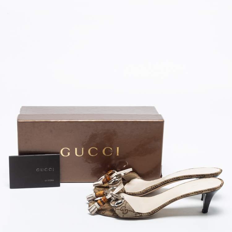 Pre Owned Gucci Brown GG Canvas Bamboo Tassel Horsebit Slide Sandals Size 39