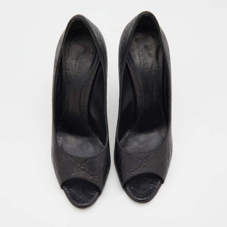 Pre Owned Gucci Black Guccissima Leather Peep Toe Pumps Size 38.5