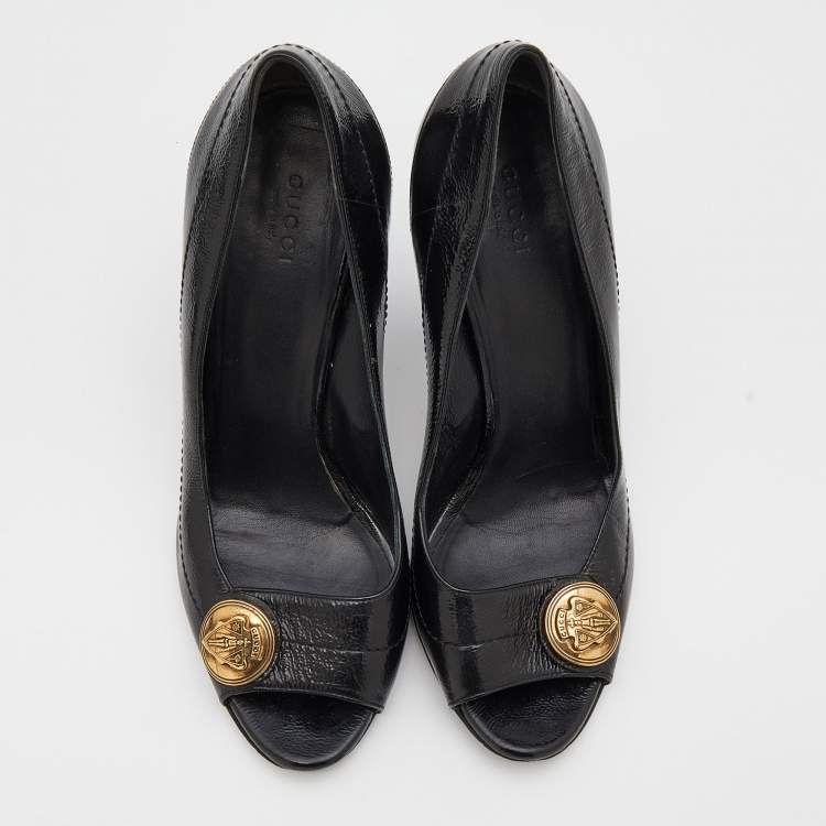Pre Owned Gucci Black Patent Leather Hysteria Open Toe Pumps Size 39
