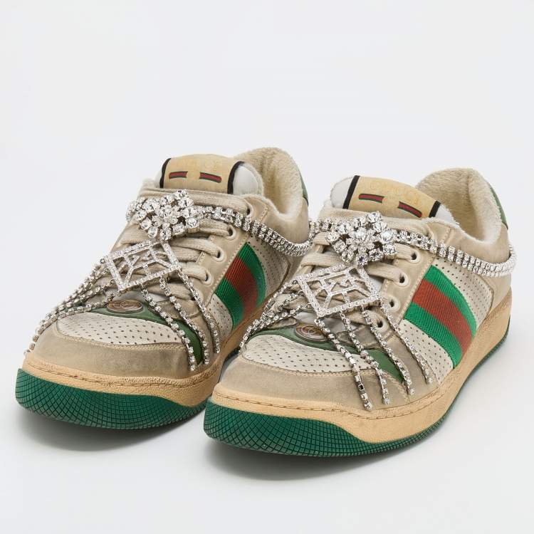 Pre Owned Gucci Off White Nubuck Leather Screener Removable Crystal Sneakers Size 39