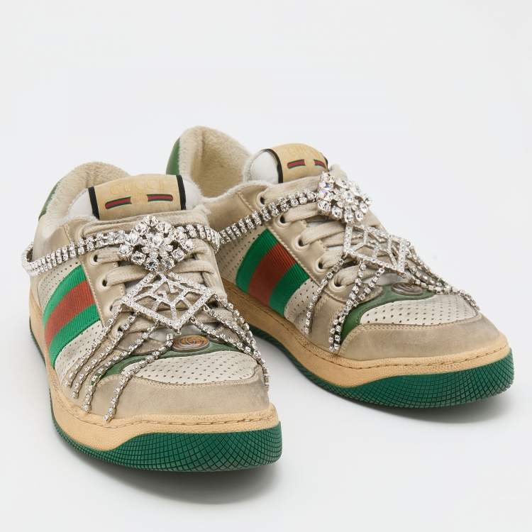 Pre Owned Gucci Off White Nubuck Leather Screener Removable Crystal Sneakers Size 39