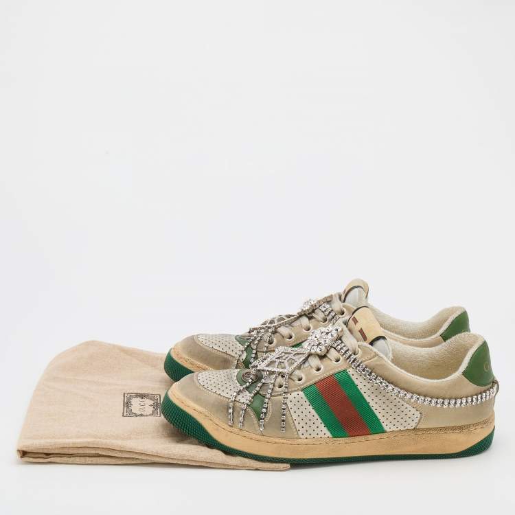 Pre Owned Gucci Off White Nubuck Leather Screener Removable Crystal Sneakers Size 39
