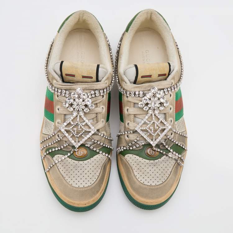 Pre Owned Gucci Off White Nubuck Leather Screener Removable Crystal Sneakers Size 39