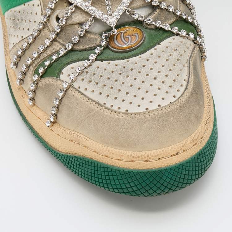 Pre Owned Gucci Off White Nubuck Leather Screener Removable Crystal Sneakers Size 39