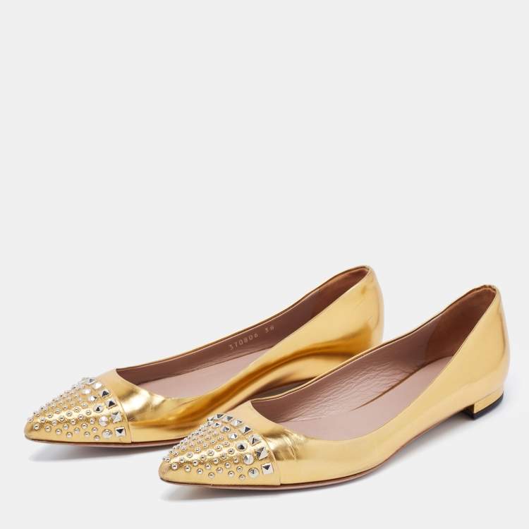 Pre Owned Gucci Gold Patent Leather Coline Ballet Flats Size 38