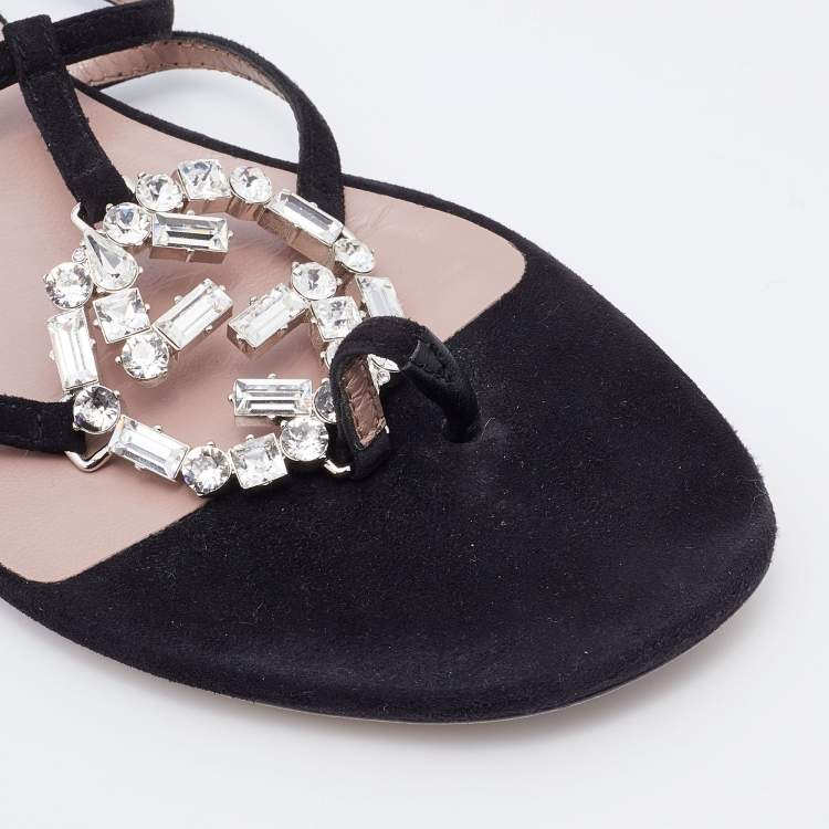 مملوكة مسبقًا Gucci Black Suede GG Interlocking Crystal Embellished Flat Sandals Size 37