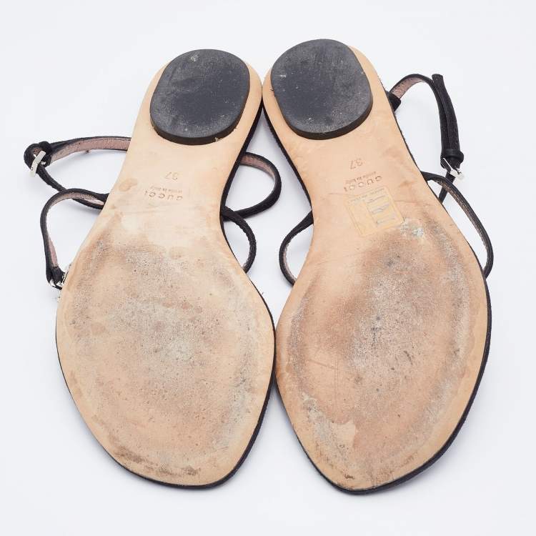 مملوكة مسبقًا Gucci Black Suede GG Interlocking Crystal Embellished Flat Sandals Size 37