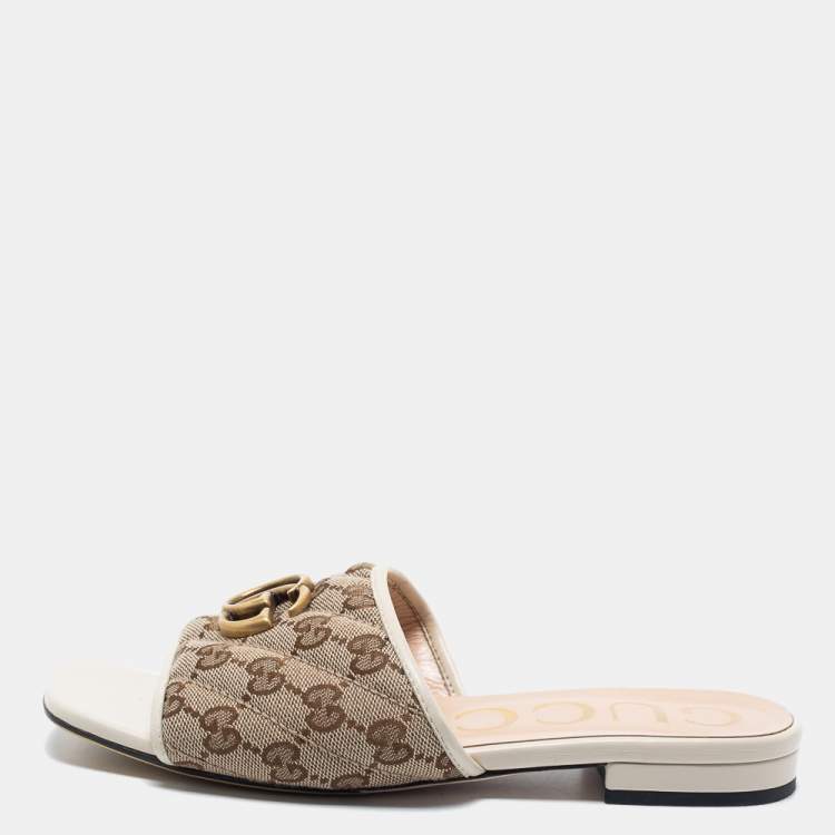 Gucci Brown/Off White GG Canvas and Leather Double G Flat