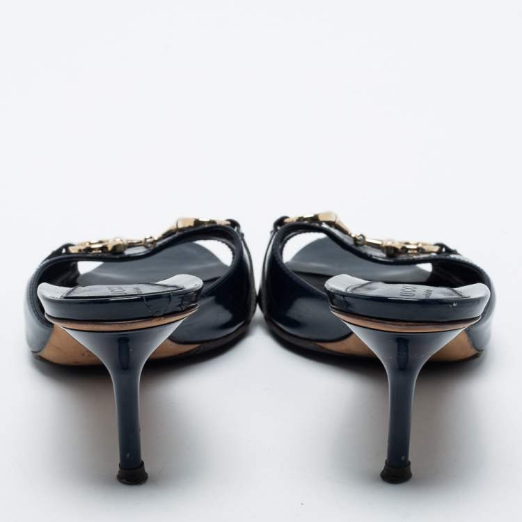 Pre Owned Gucci Navy Blue Patent Leather Hollywood Slide Sandals Size 36