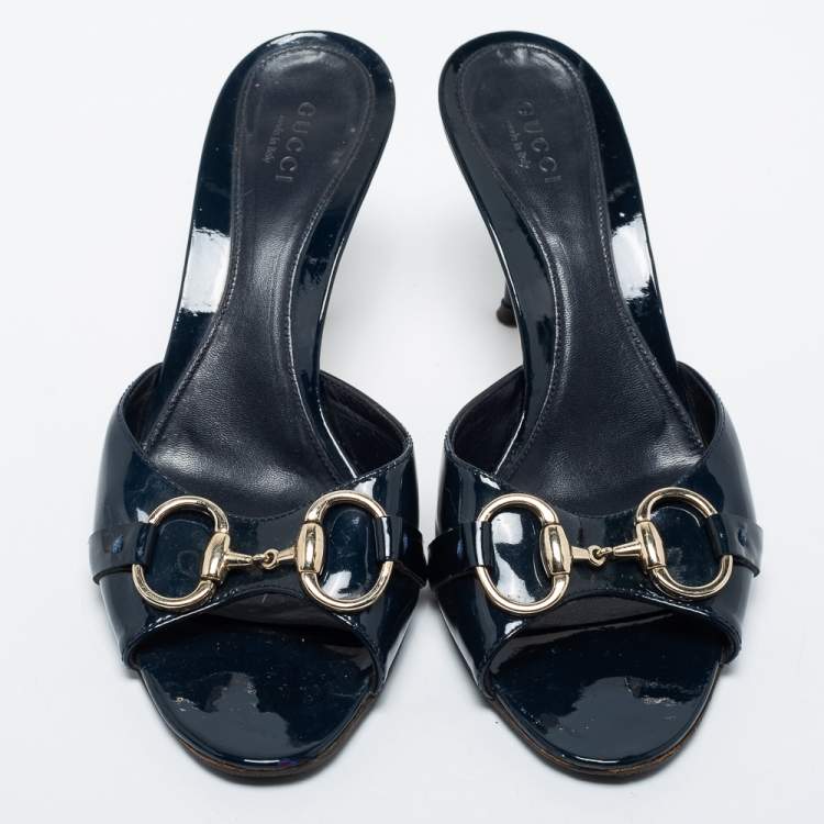 Pre Owned Gucci Navy Blue Patent Leather Hollywood Slide Sandals Size 36