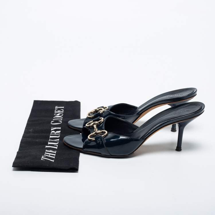 Pre Owned Gucci Navy Blue Patent Leather Hollywood Slide Sandals Size 36