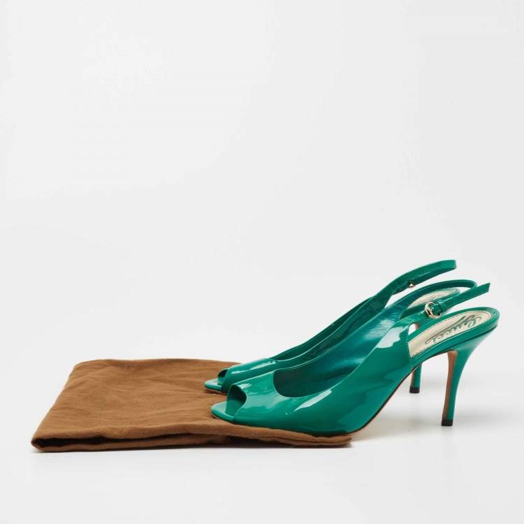 Pre Owned Gucci Green Patent Leather Peep Toe Slingback Pumps Size 37