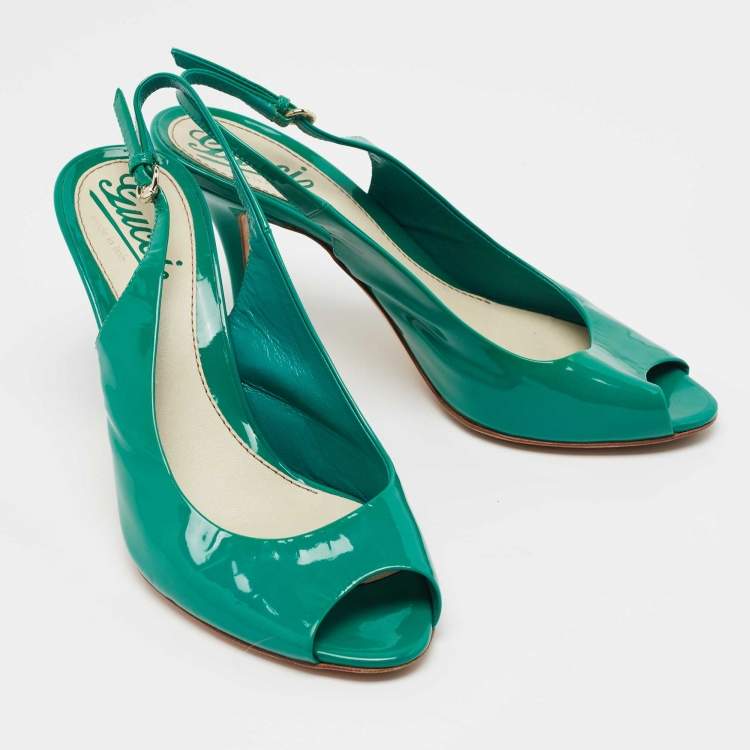 Pre Owned Gucci Green Patent Leather Peep Toe Slingback Pumps Size 37