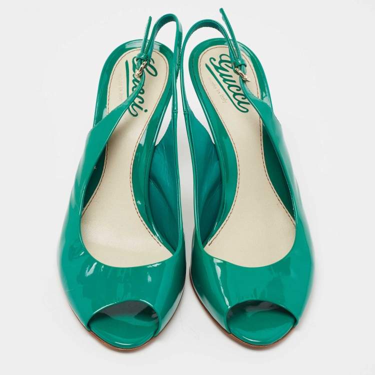 Pre Owned Gucci Green Patent Leather Peep Toe Slingback Pumps Size 37
