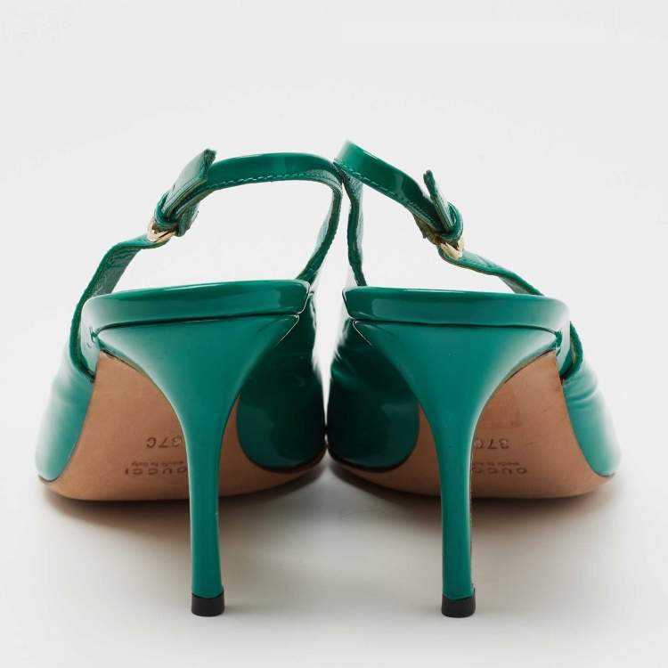 Pre Owned Gucci Green Patent Leather Peep Toe Slingback Pumps Size 37