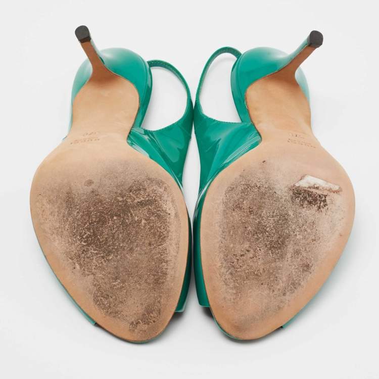 Pre Owned Gucci Green Patent Leather Peep Toe Slingback Pumps Size 37