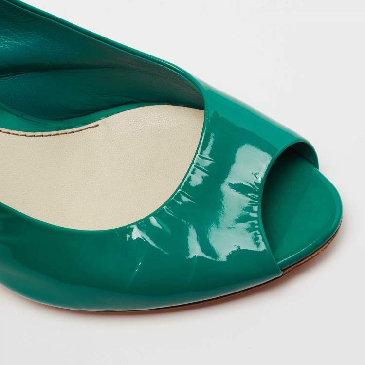 Pre Owned Gucci Green Patent Leather Peep Toe Slingback Pumps Size 37
