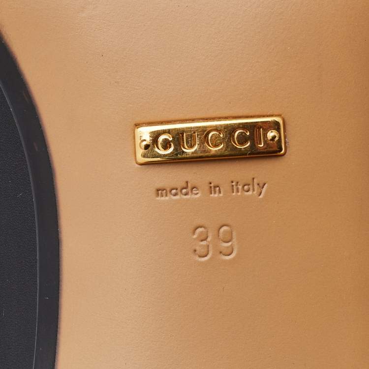 Pre Owned Gucci Black Leather Web Interlocking G Embellished Mid Heel Loafers Size 39