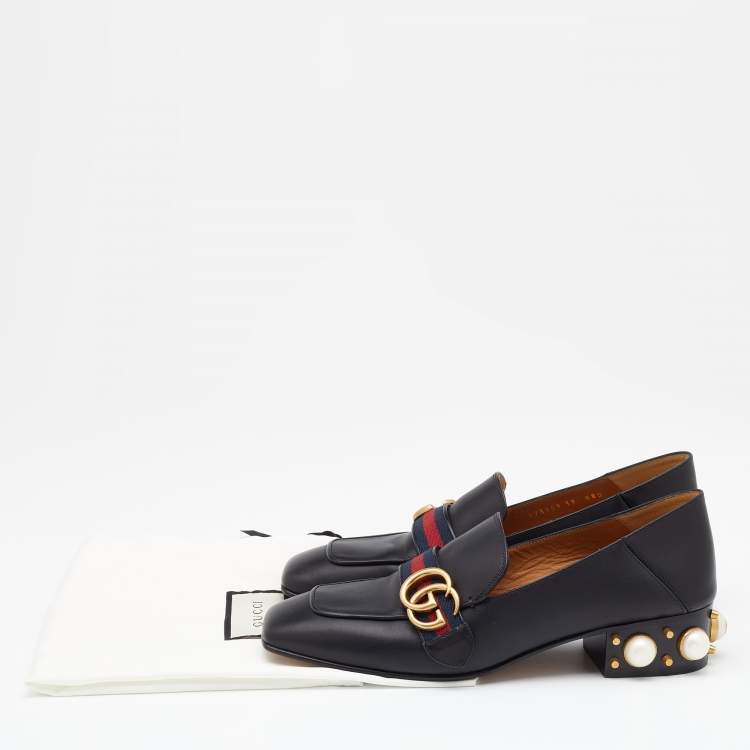 Pre Owned Gucci Black Leather Web Interlocking G Embellished Mid Heel Loafers Size 39