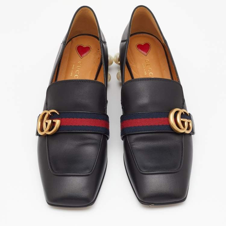 Pre Owned Gucci Black Leather Web Interlocking G Embellished Mid Heel Loafers Size 39
