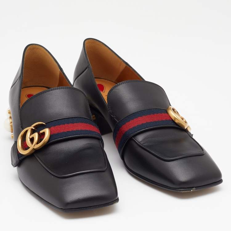 Pre Owned Gucci Black Leather Web Interlocking G Embellished Mid Heel Loafers Size 39