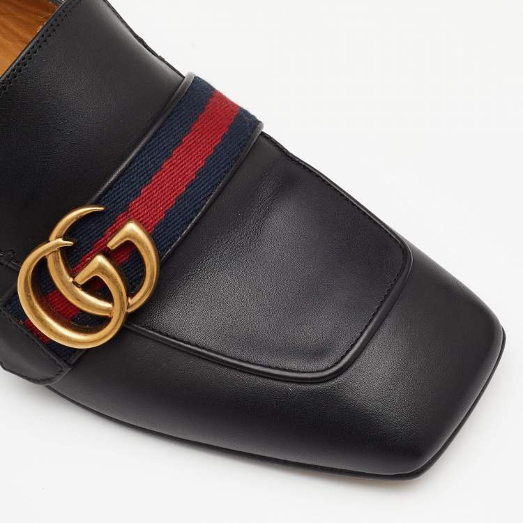 Pre Owned Gucci Black Leather Web Interlocking G Embellished Mid Heel Loafers Size 39