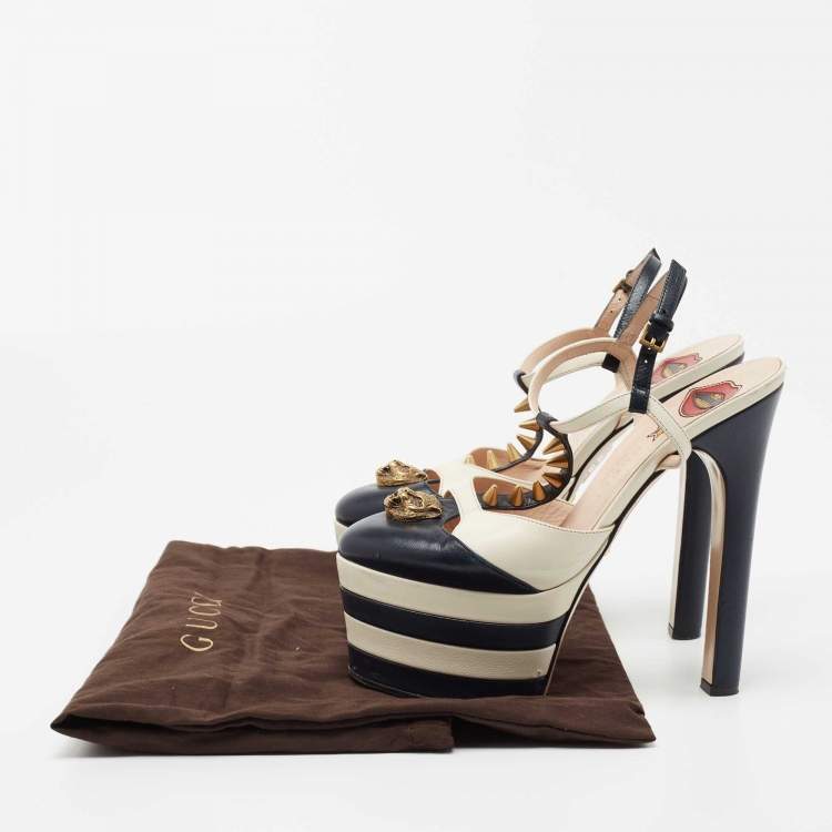 Pre Owned Gucci Navy Blue/White Leather Angel Feline Head Accent T-Strap Platform Pumps Size 37