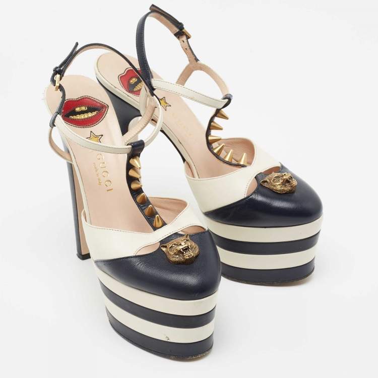 Pre Owned Gucci Navy Blue/White Leather Angel Feline Head Accent T-Strap Platform Pumps Size 37