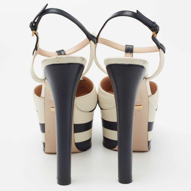 Pre Owned Gucci Navy Blue/White Leather Angel Feline Head Accent T-Strap Platform Pumps Size 37
