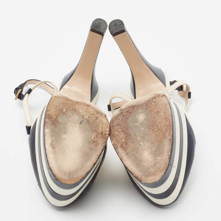 Pre Owned Gucci Navy Blue/White Leather Angel Feline Head Accent T-Strap Platform Pumps Size 37