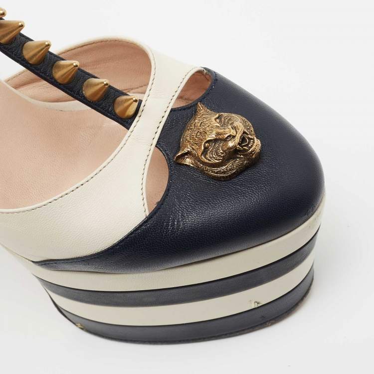 Pre Owned Gucci Navy Blue/White Leather Angel Feline Head Accent T-Strap Platform Pumps Size 37