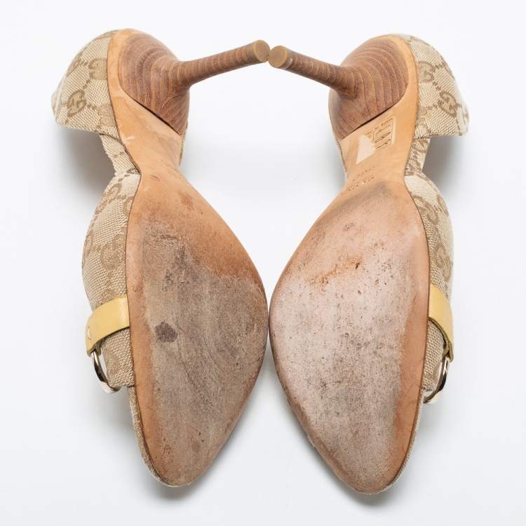 مملوكة مسبقًا Gucci Beige/Brown GG Canvas Hollywood Horsebit D'orsay Pumps Size 36