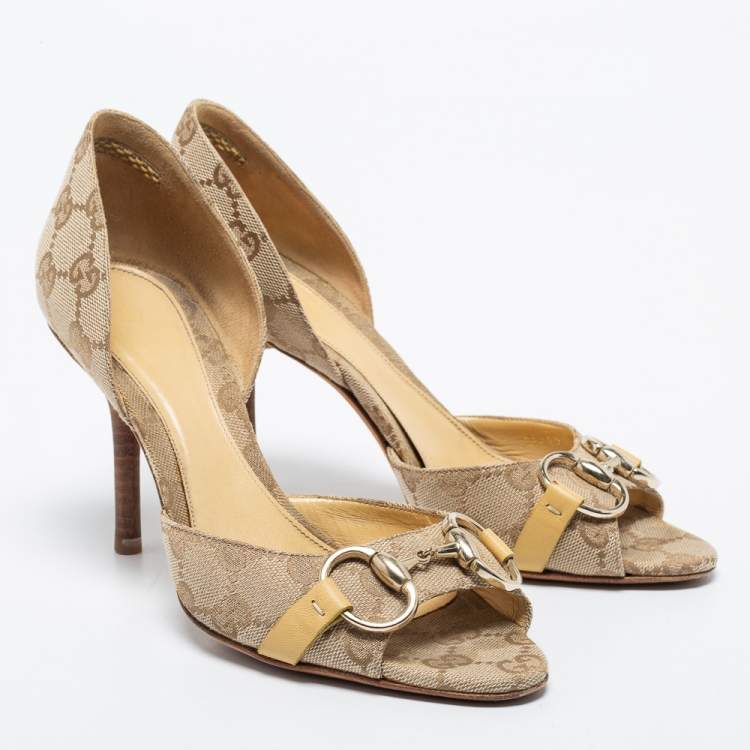 مملوكة مسبقًا Gucci Beige/Brown GG Canvas Hollywood Horsebit D'orsay Pumps Size 36
